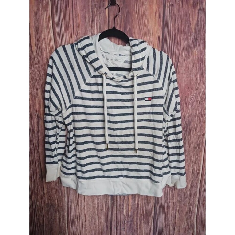 Tommy Hilfiger Sport Navy & White Striped French Terry Pullover Hoodie Large